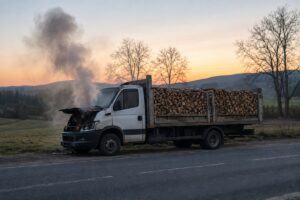 Camion chargé de bois avec fumée au niveau du moteur