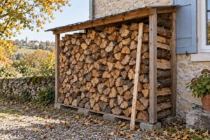 Bûches rangées sous un abri contre une maison