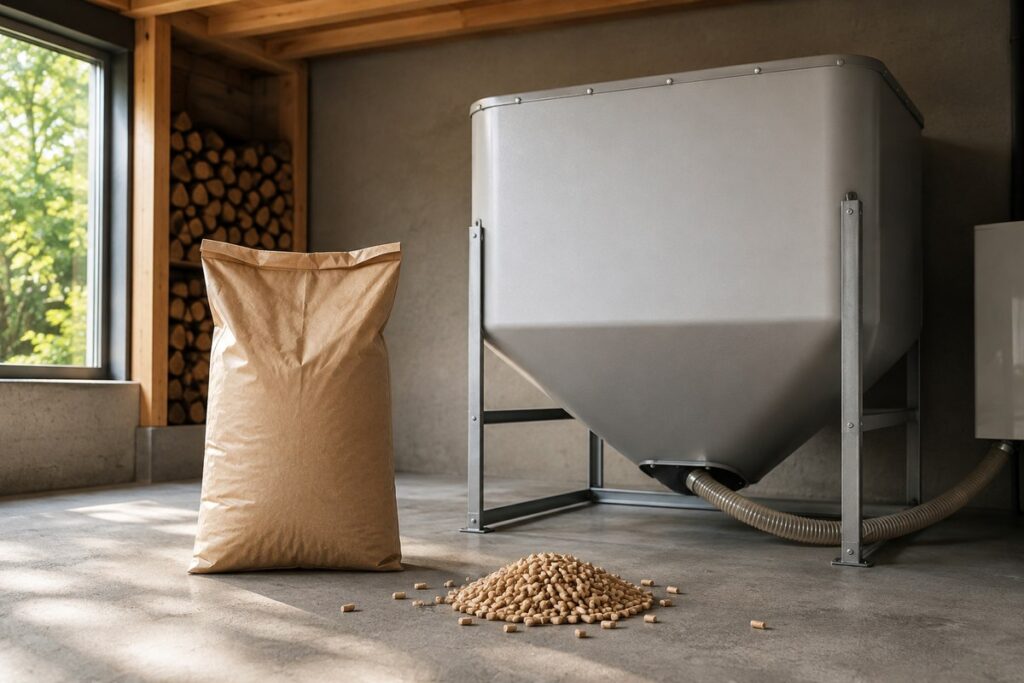 Sac de granulés et silo de stockage en vrac