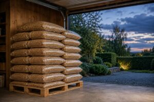 Sacs de granulés stockés au sec sur une palette dans un garage