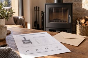 Document d’attestation posé près d’un poêle à bois froid