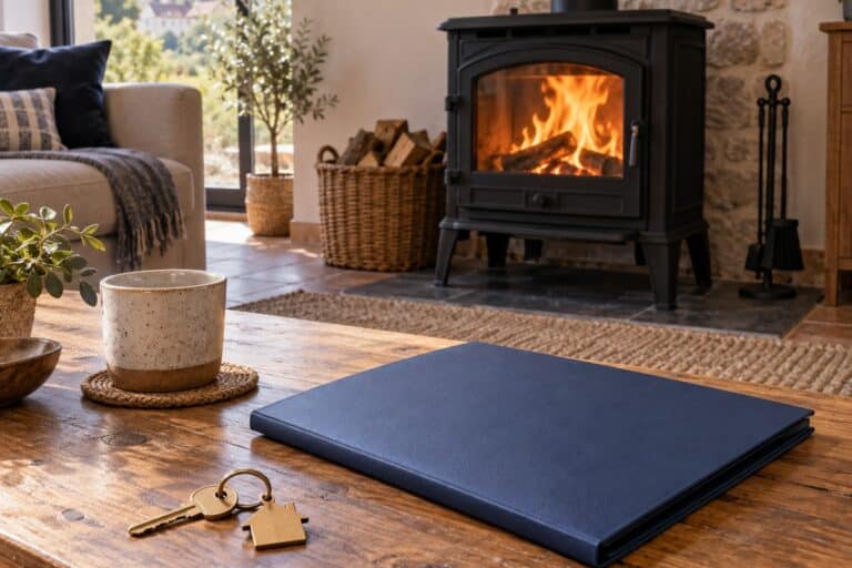 Poêle à bois, dossier fermé et clé de maison sur une table