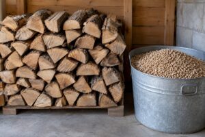 Bûches fendues et granulés stockés au sec