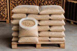 Sacs de pellets empilés sur une palette sèche avec un sac ouvert