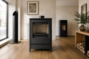 Poêle à bois dans un showroom lumineux